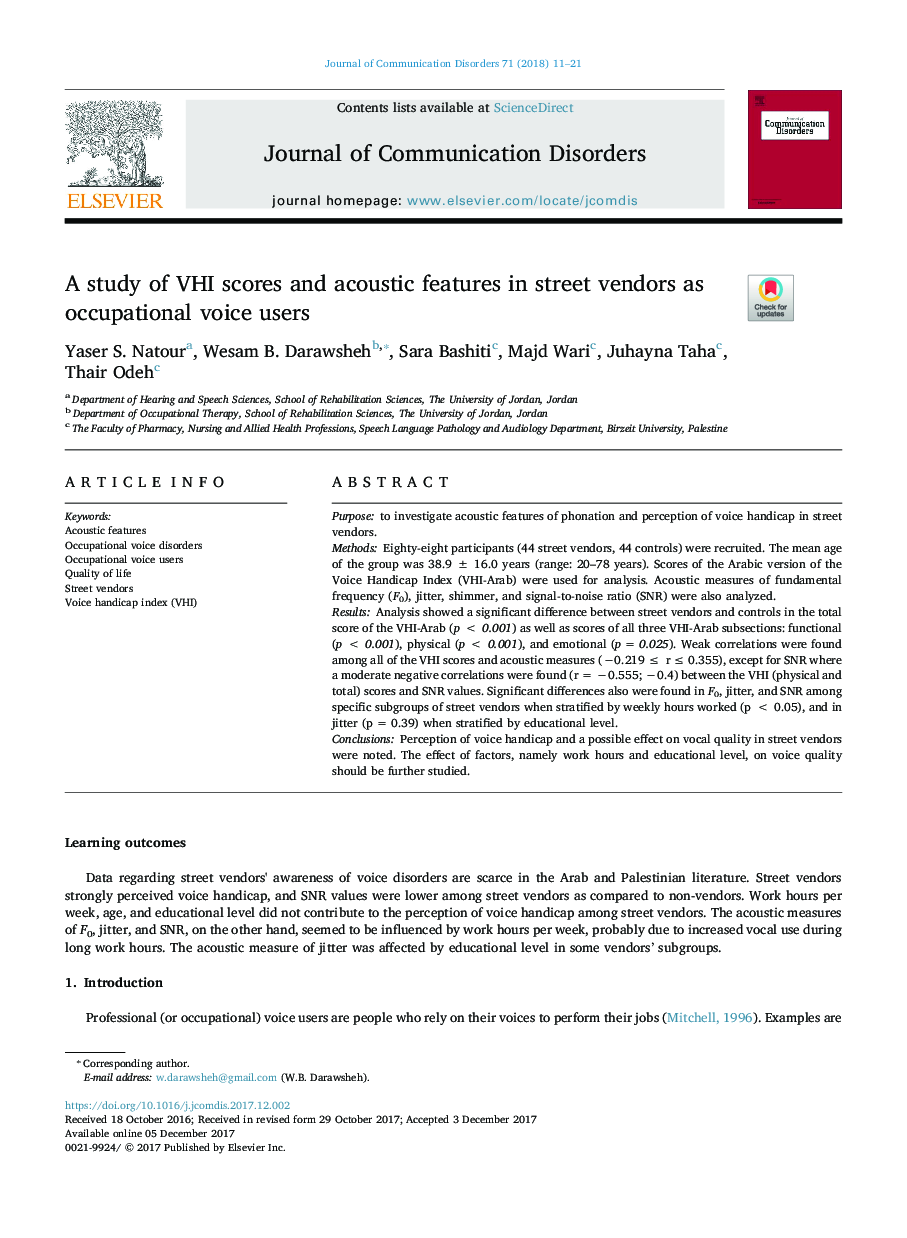 A study of VHI scores and acoustic features in street vendors as occupational voice users