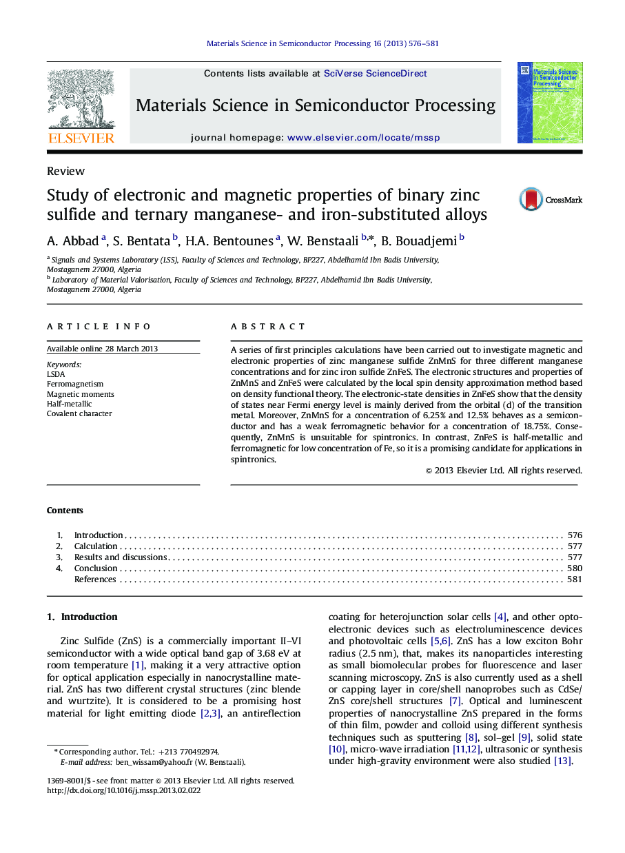 Study of electronic and magnetic properties of binary zinc sulfide and ternary manganese- and iron-substituted alloys