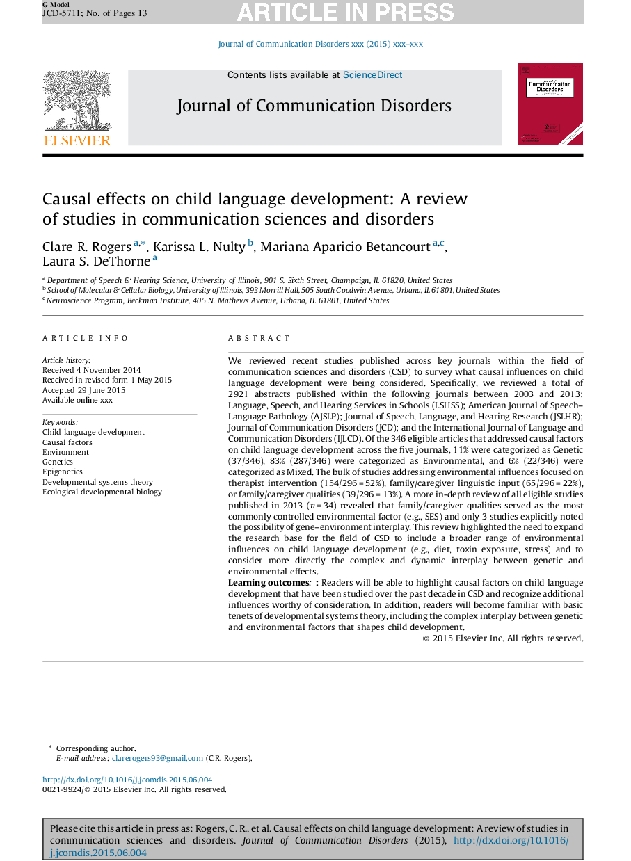 Causal effects on child language development: A review of studies in communication sciences and disorders