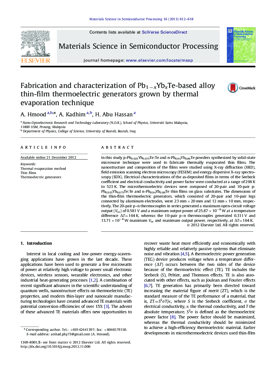 Fabrication and characterization of Pb1−xYbxTe-based alloy thin-film thermoelectric generators grown by thermal evaporation technique