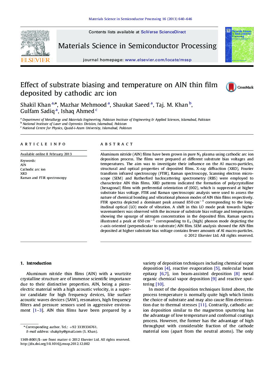 Effect of substrate biasing and temperature on AlN thin film deposited by cathodic arc ion