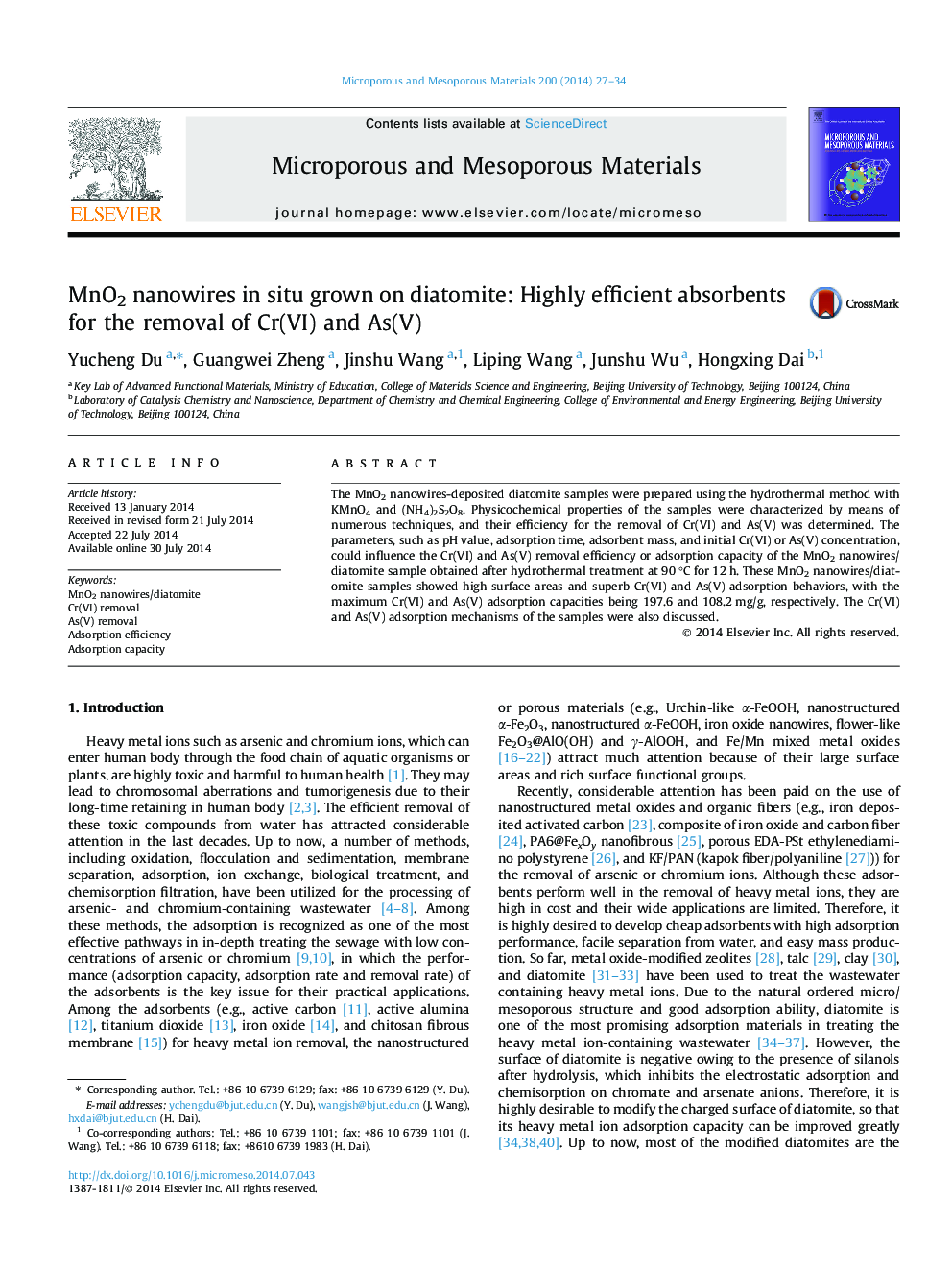 MnO2 nanowires in situ grown on diatomite: Highly efficient absorbents for the removal of Cr(VI) and As(V)