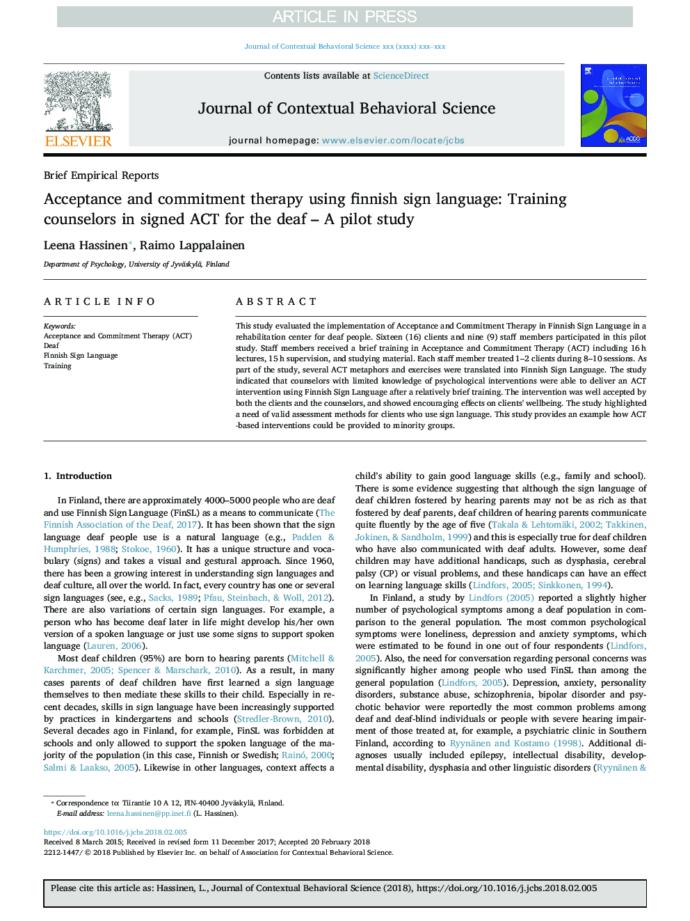 Acceptance and commitment therapy using finnish sign language: Training counselors in signed ACT for the deaf - A pilot study