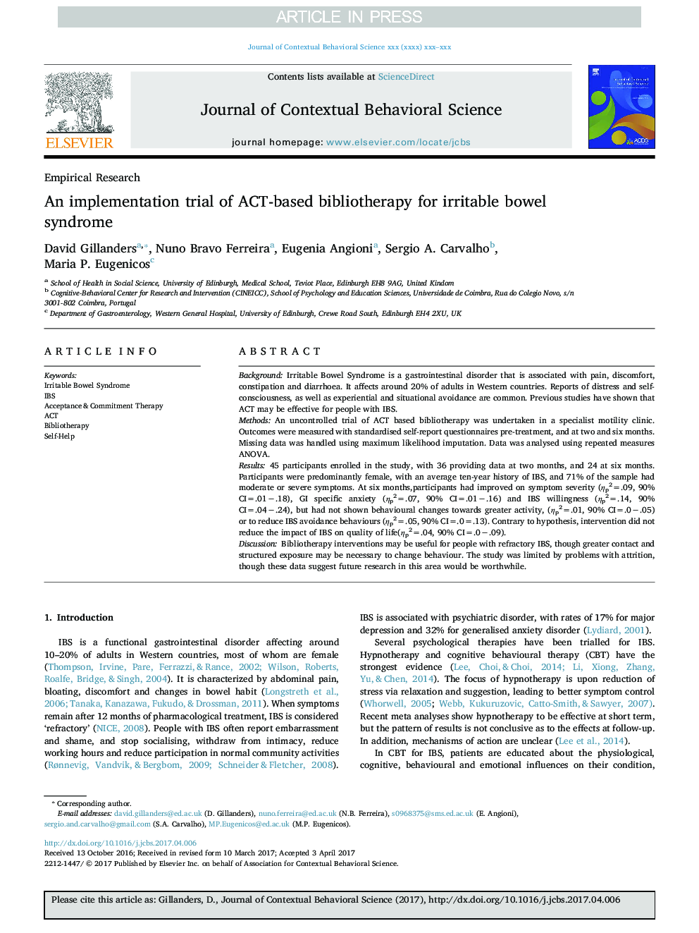 An implementation trial of ACT-based bibliotherapy for irritable bowel syndrome