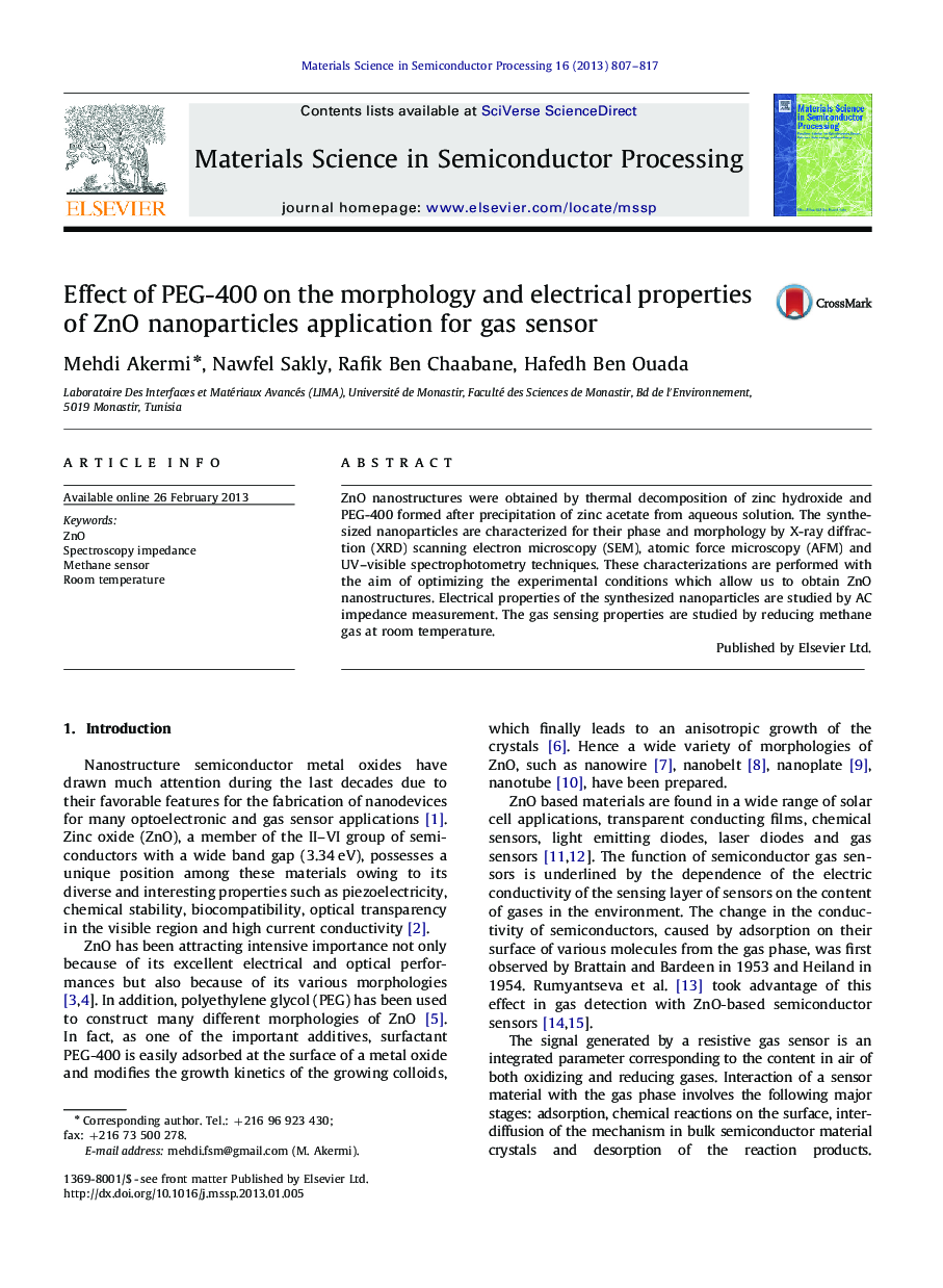 Effect of PEG-400 on the morphology and electrical properties of ZnO nanoparticles application for gas sensor