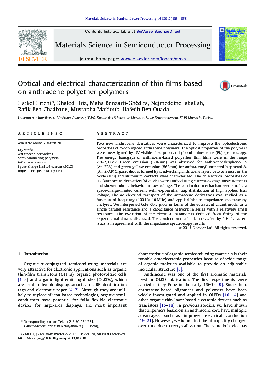 Optical and electrical characterization of thin films based on anthracene polyether polymers