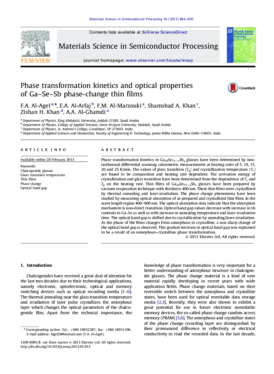 Phase transformation kinetics and optical properties of Ga–Se–Sb phase-change thin films