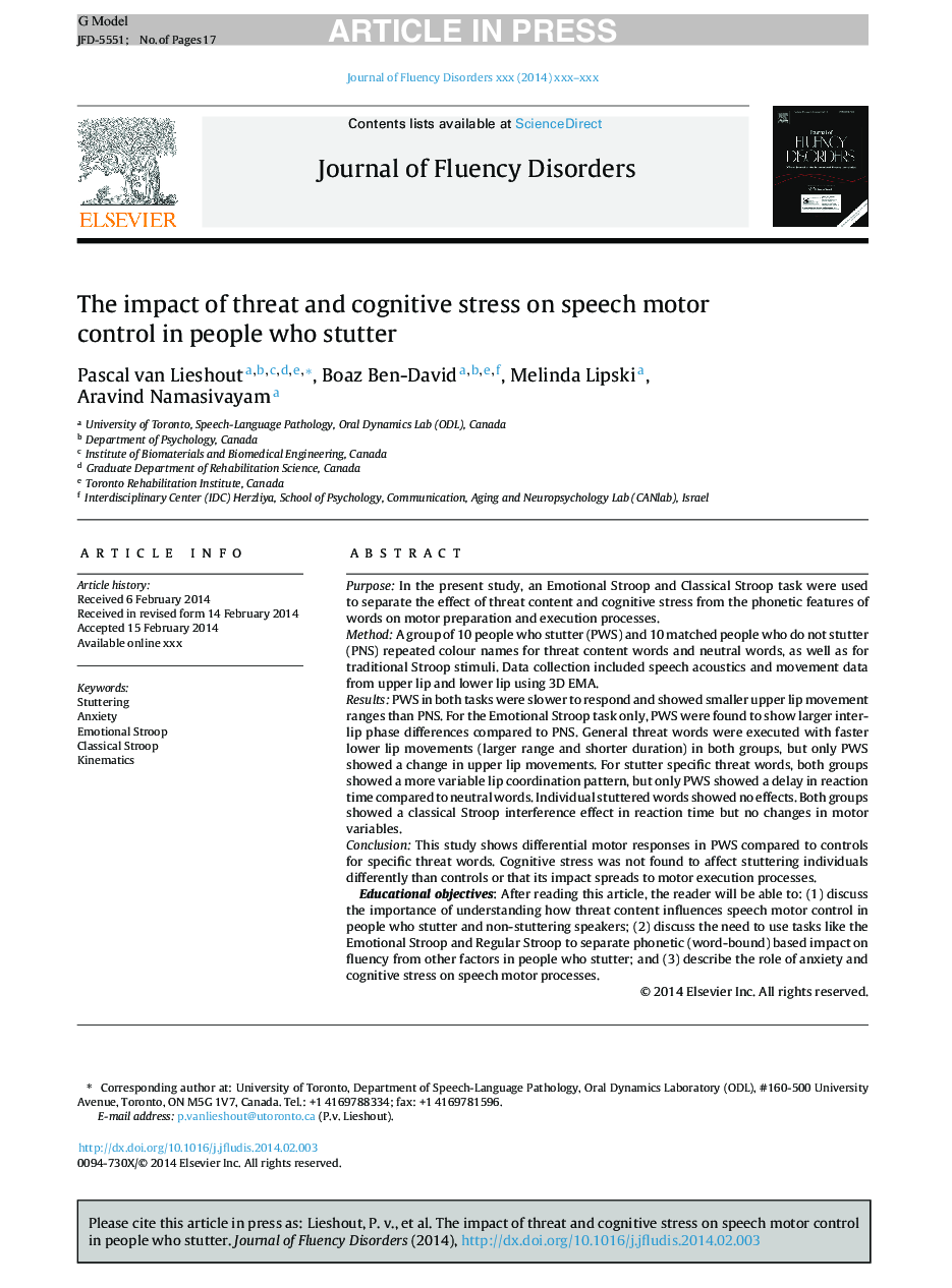 The impact of threat and cognitive stress on speech motor control in people who stutter