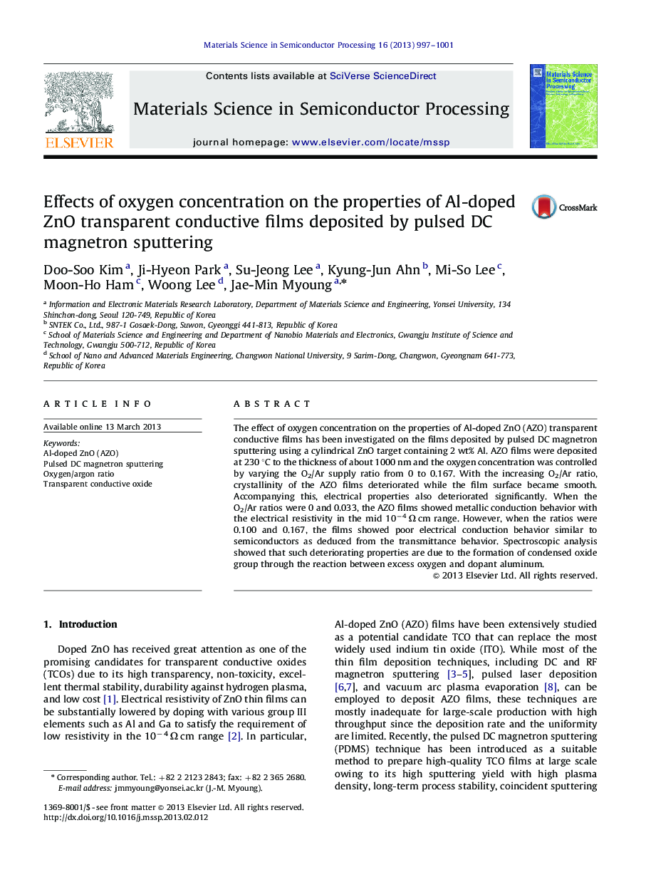 Effects of oxygen concentration on the properties of Al-doped ZnO transparent conductive films deposited by pulsed DC magnetron sputtering