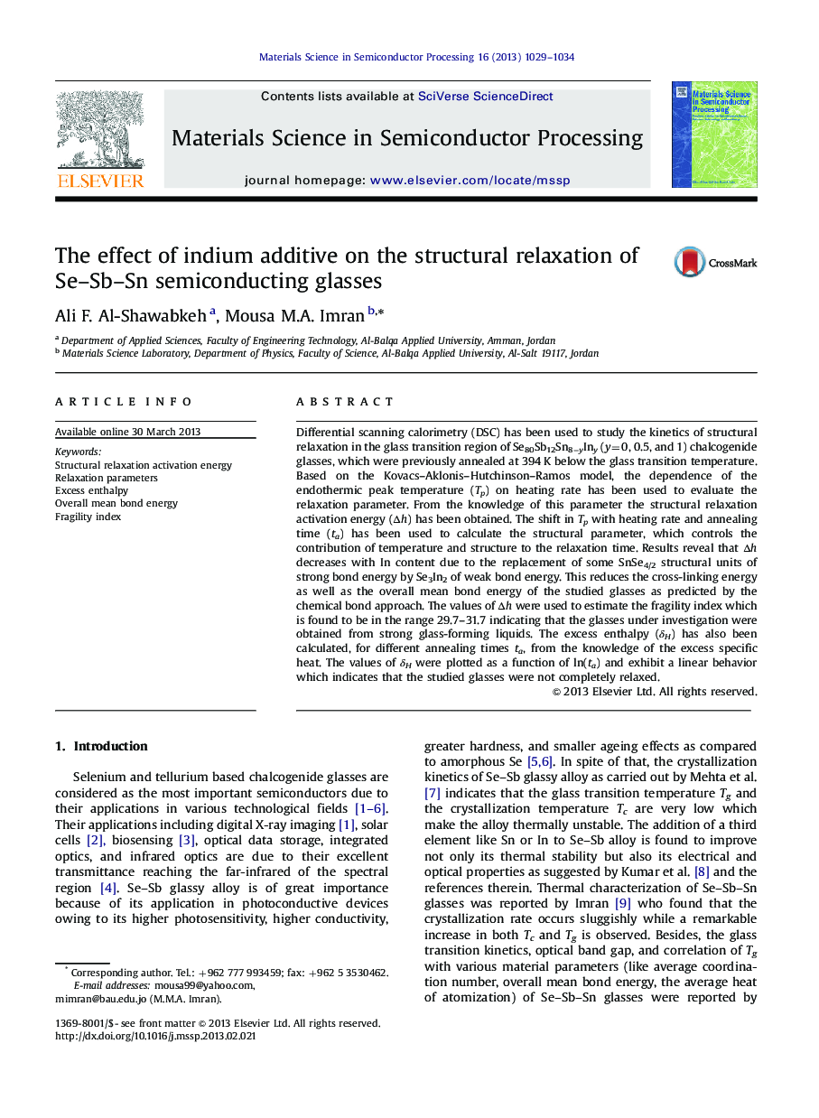 The effect of indium additive on the structural relaxation of Se–Sb–Sn semiconducting glasses