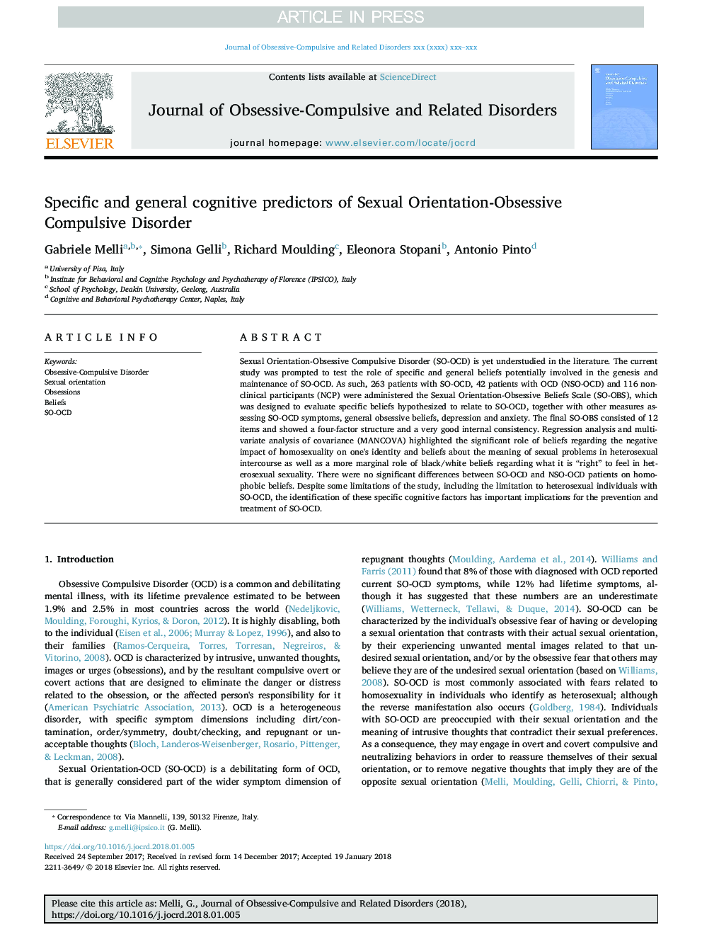 Specific and general cognitive predictors of Sexual Orientation-Obsessive Compulsive Disorder