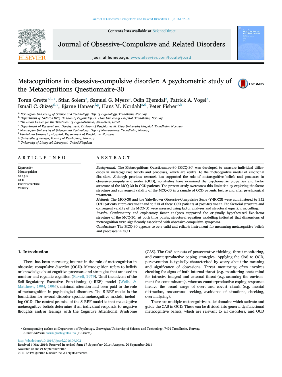 Metacognitions in obsessive-compulsive disorder: A psychometric study of the Metacognitions Questionnaire-30