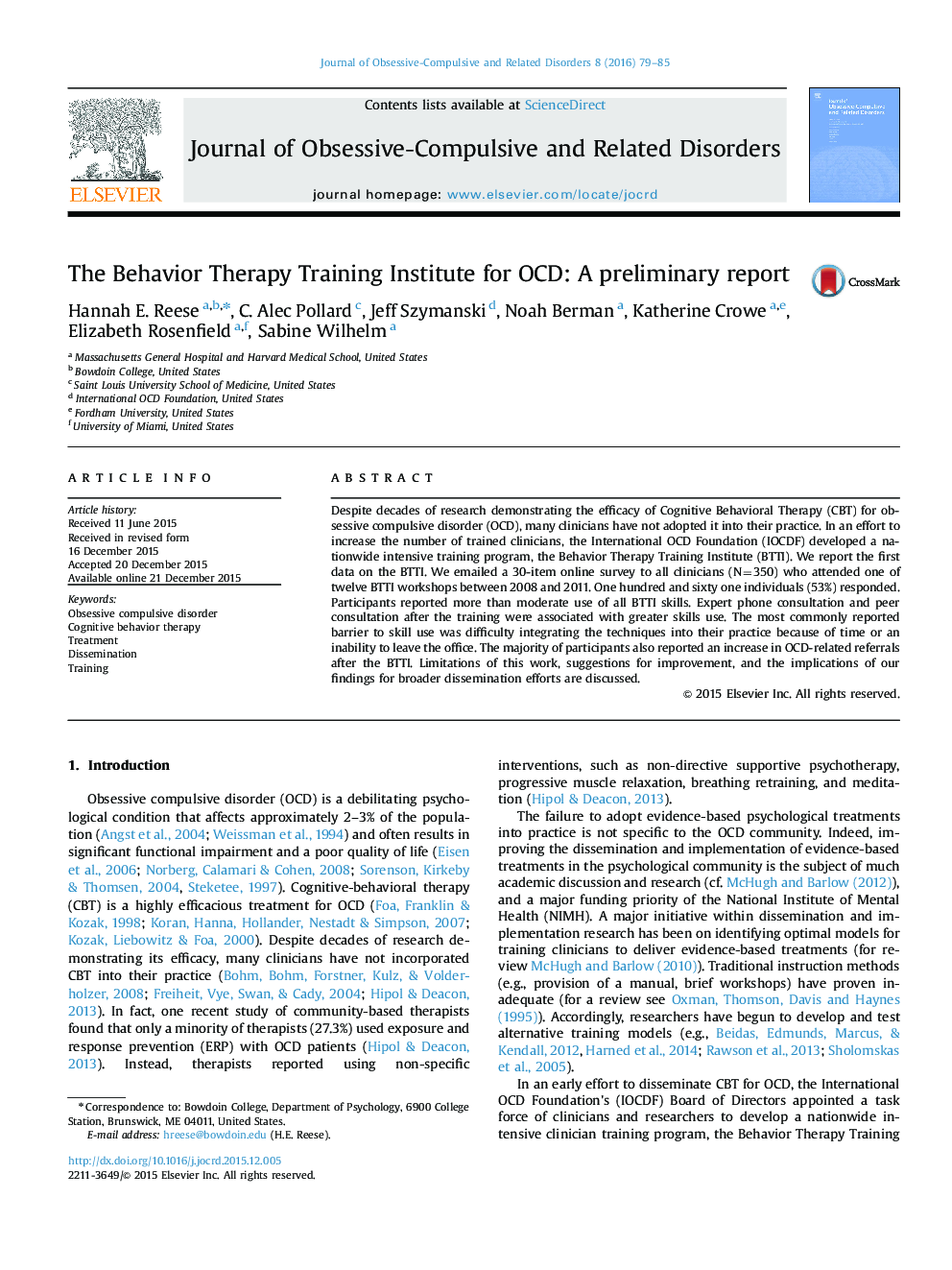 The Behavior Therapy Training Institute for OCD: A preliminary report