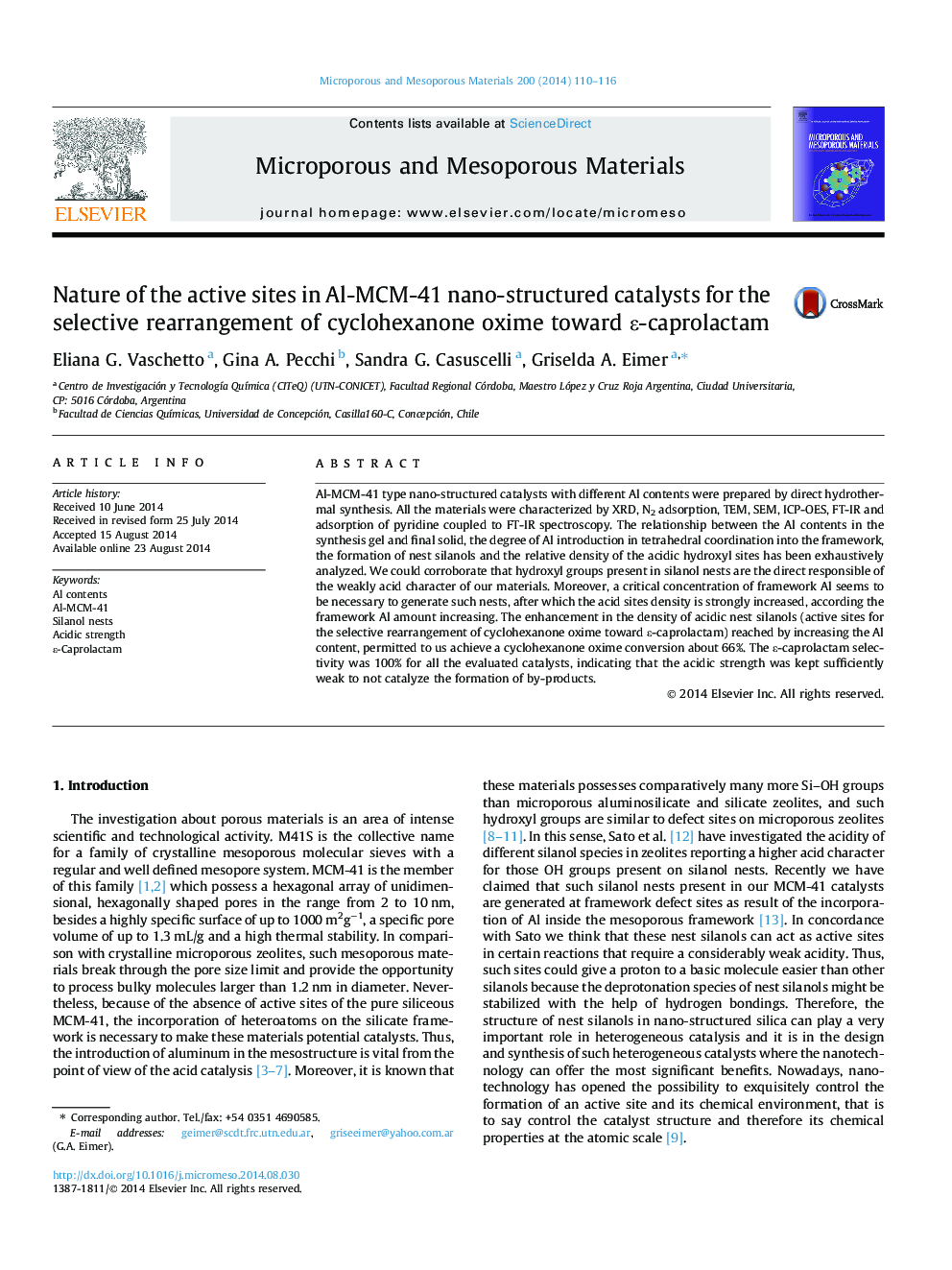 Nature of the active sites in Al-MCM-41 nano-structured catalysts for the selective rearrangement of cyclohexanone oxime toward ɛ-caprolactam