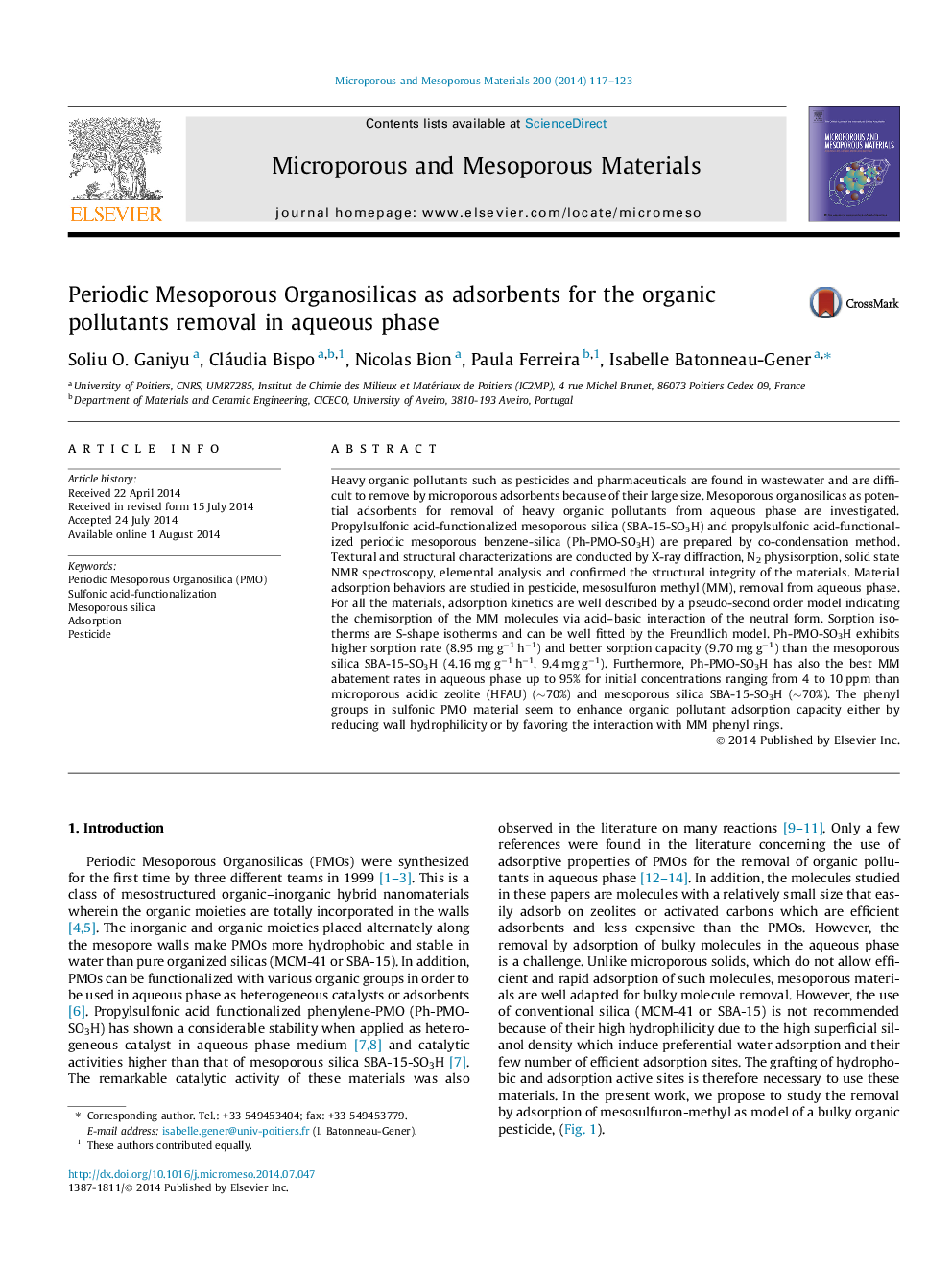 Periodic Mesoporous Organosilicas as adsorbents for the organic pollutants removal in aqueous phase