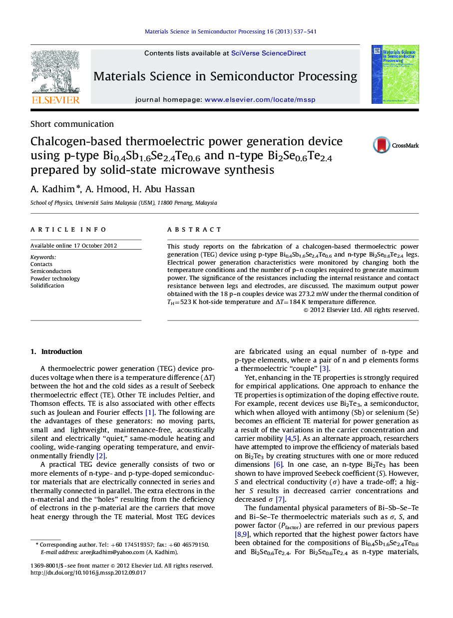 Chalcogen-based thermoelectric power generation device using p-type Bi0.4Sb1.6Se2.4Te0.6 and n-type Bi2Se0.6Te2.4 prepared by solid-state microwave synthesis