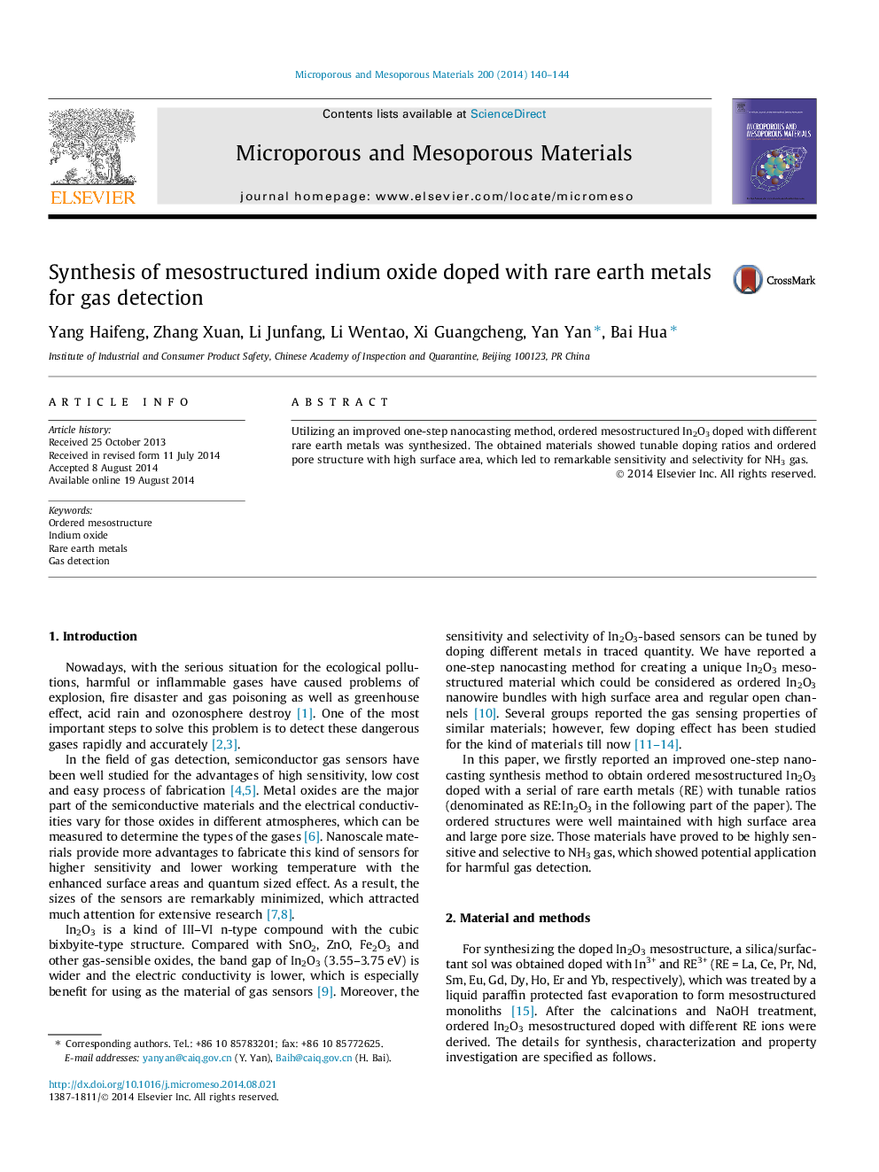 Synthesis of mesostructured indium oxide doped with rare earth metals for gas detection