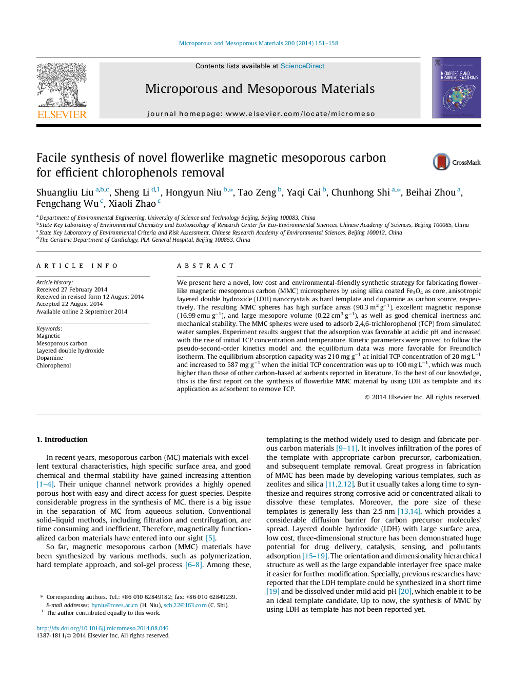 Facile synthesis of novel flowerlike magnetic mesoporous carbon for efficient chlorophenols removal