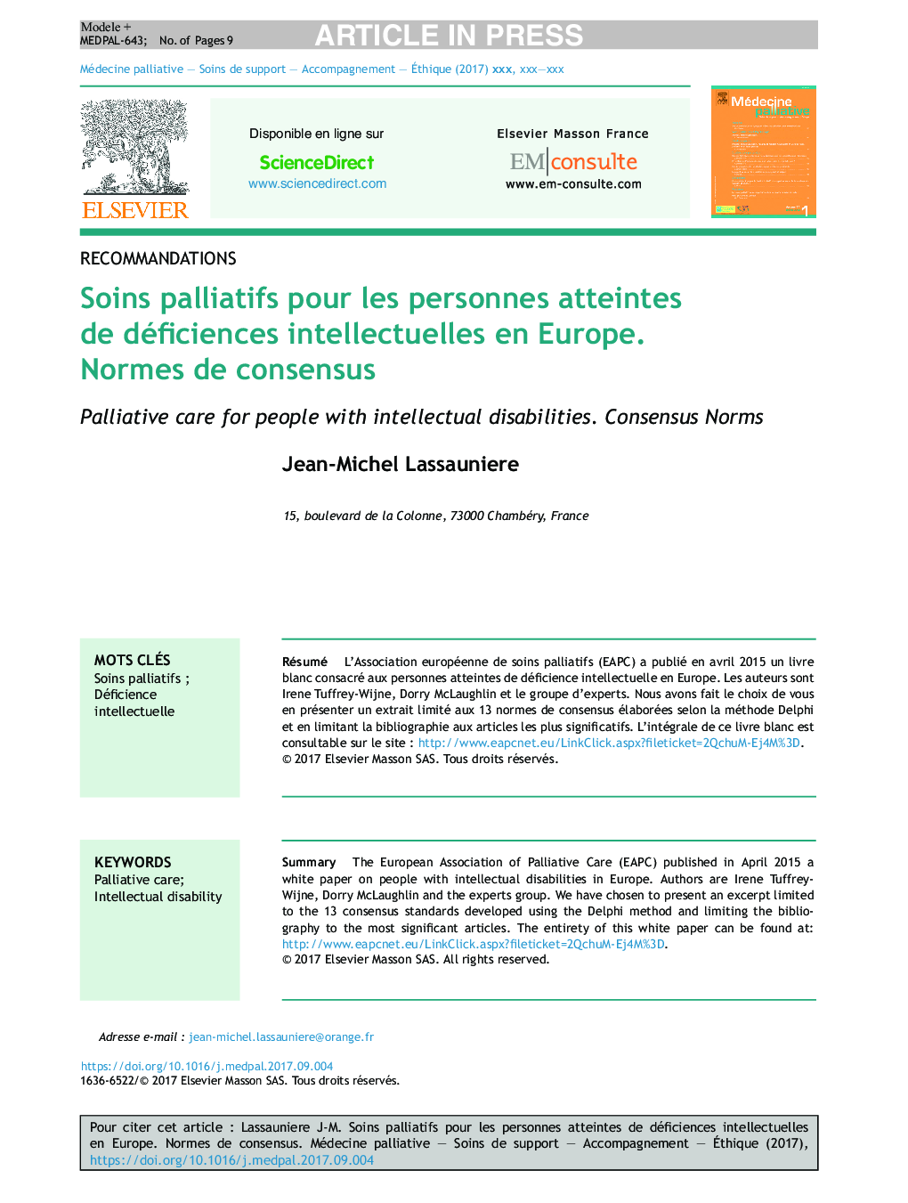 Soins palliatifs pour les personnes atteintes de déficiences intellectuelles en Europe. Normes de consensus