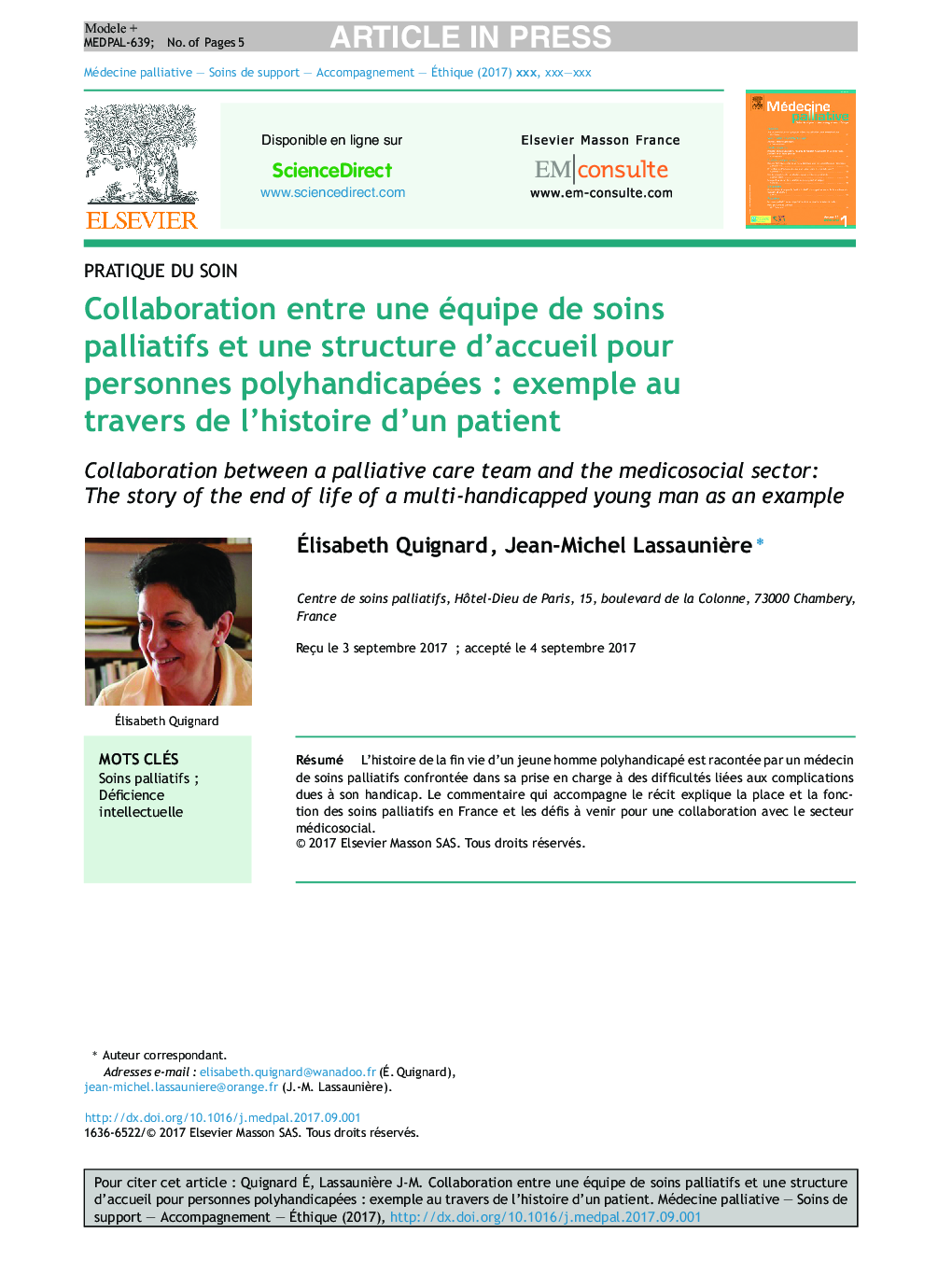 Collaboration entre une équipe de soins palliatifs et une structure d'accueil pour personnes polyhandicapéesÂ : exemple au travers de l'histoire d'un patient