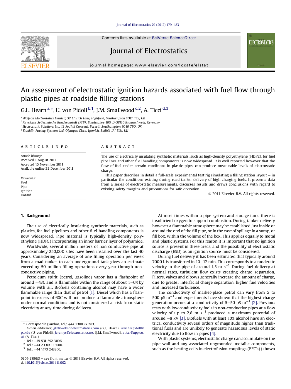 An assessment of electrostatic ignition hazards associated with fuel flow through plastic pipes at roadside filling stations