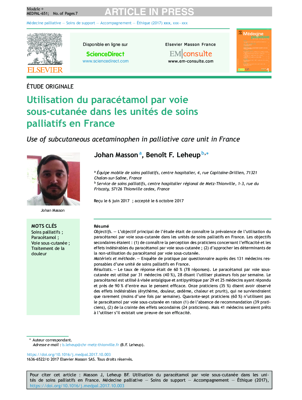 Utilisation du paracétamol par voie sous-cutanée dans les unités de soins palliatifs en France