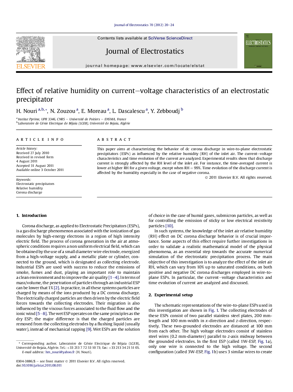 Effect of relative humidity on current–voltage characteristics of an electrostatic precipitator