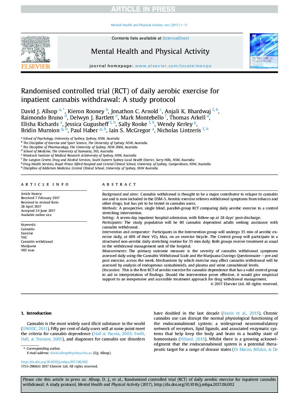 Randomised controlled trial (RCT) of daily aerobic exercise for inpatient cannabis withdrawal: A study protocol