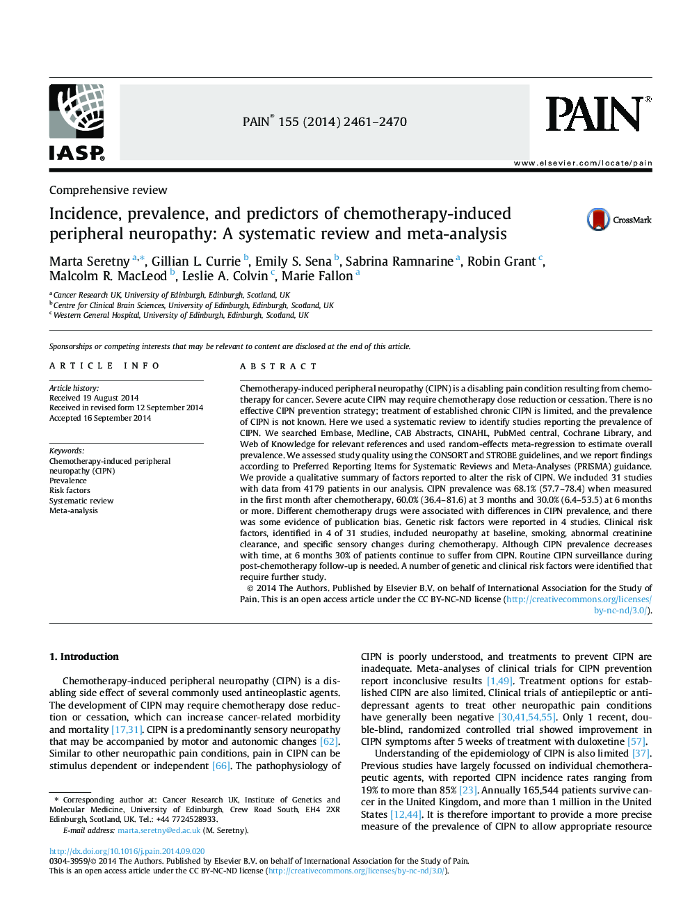 شیوع، شیوع و پیش بینی کننده نوروپاتی محیطی ناشی از شیمی درمانی: بررسی منظم و متاآنالیز 