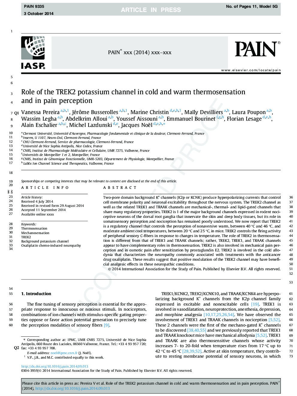 Role of the TREK2 potassium channel in cold and warm thermosensation and in pain perception