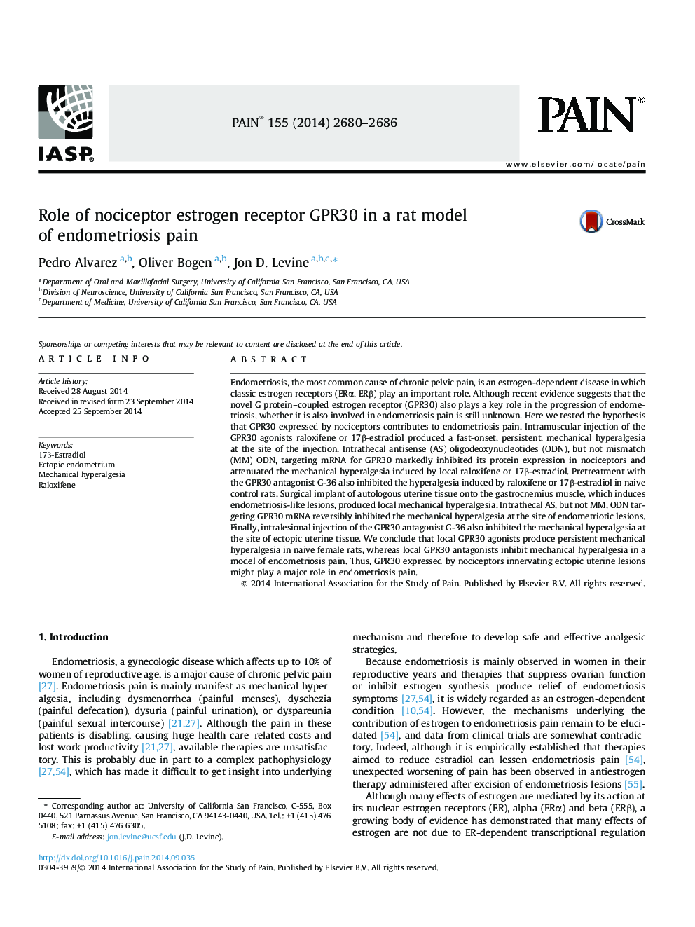 Role of nociceptor estrogen receptor GPR30 in a rat model of endometriosis pain