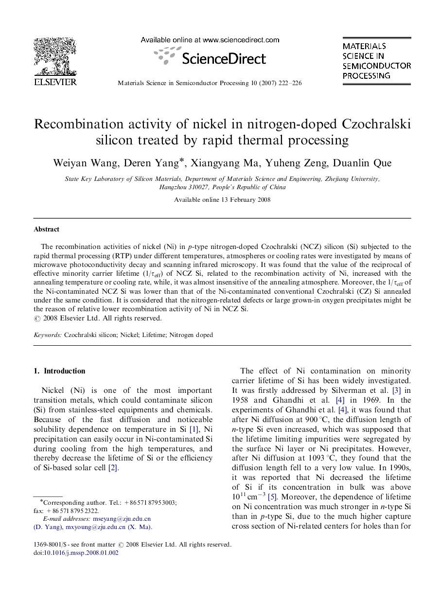 Recombination activity of nickel in nitrogen-doped Czochralski silicon treated by rapid thermal processing