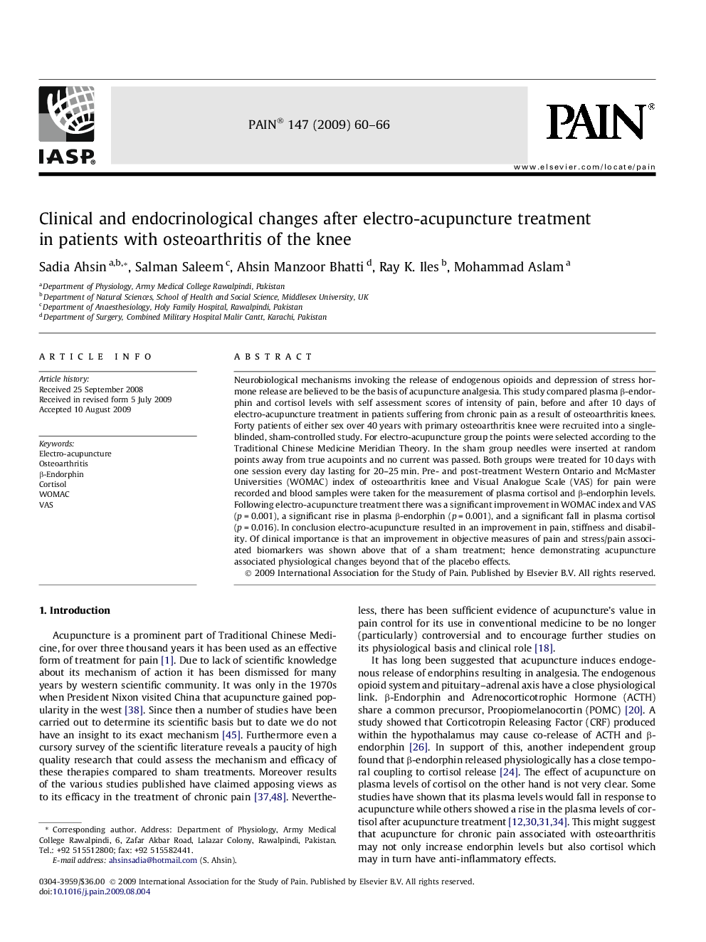 Clinical and endocrinological changes after electro-acupuncture treatment in patients with osteoarthritis of the knee