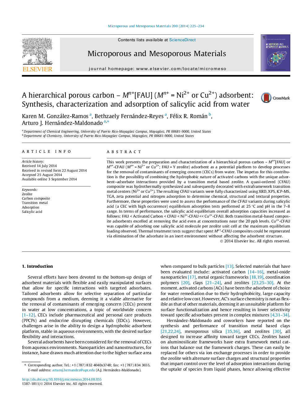 A hierarchical porous carbon – Mn+[FAU] (Mn+ = Ni2+ or Cu2+) adsorbent: Synthesis, characterization and adsorption of salicylic acid from water