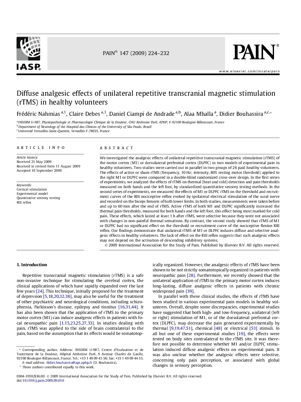 Diffuse analgesic effects of unilateral repetitive transcranial magnetic stimulation (rTMS) in healthy volunteers