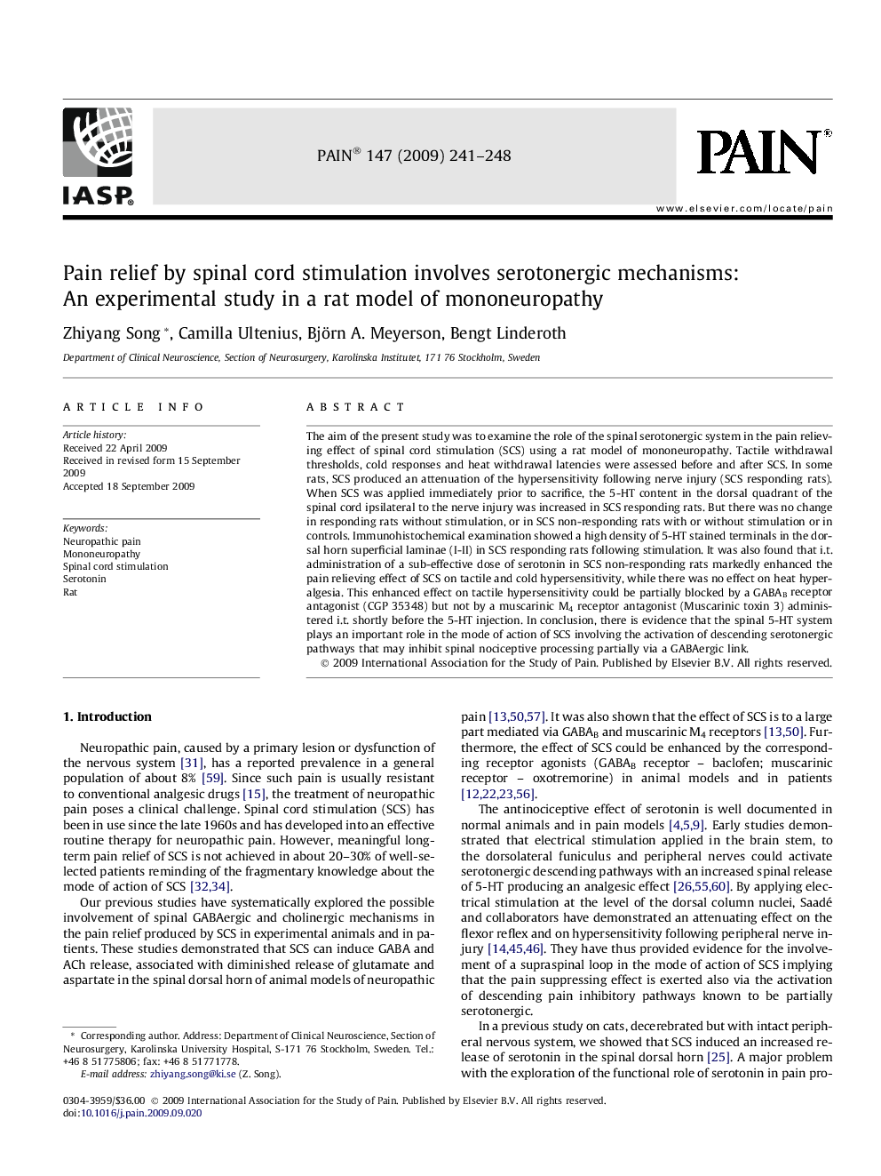 Pain relief by spinal cord stimulation involves serotonergic mechanisms: An experimental study in a rat model of mononeuropathy