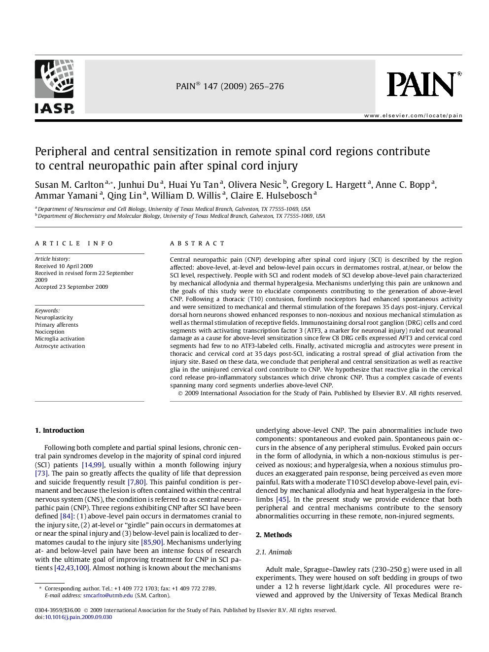 Peripheral and central sensitization in remote spinal cord regions contribute to central neuropathic pain after spinal cord injury