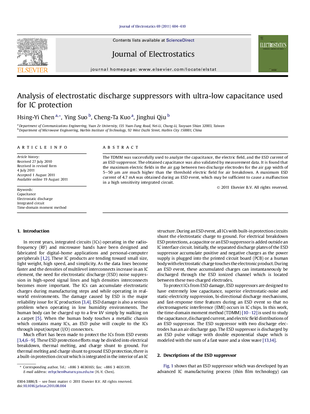 عکس صفحه اول مقاله: Analysis of electrostatic discharge suppressors with ultra-low capacitance used for IC protection Analysis of electrostatic discharge suppressors with ultra-low capacitance used for IC protection