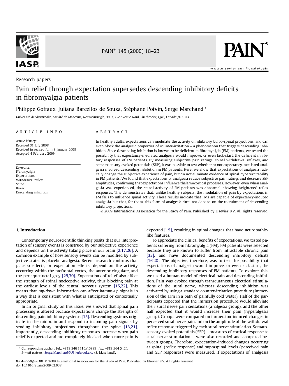 Pain relief through expectation supersedes descending inhibitory deficits in fibromyalgia patients