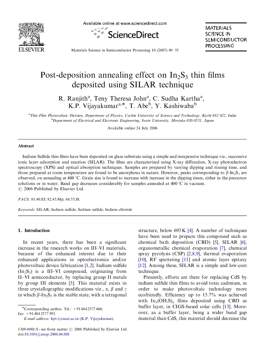 Post-deposition annealing effect on In2S3 thin films deposited using SILAR technique