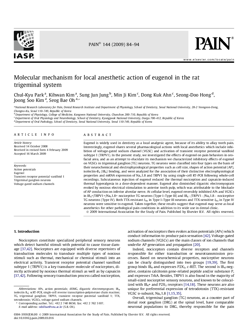 Molecular mechanism for local anesthetic action of eugenol in the rat trigeminal system