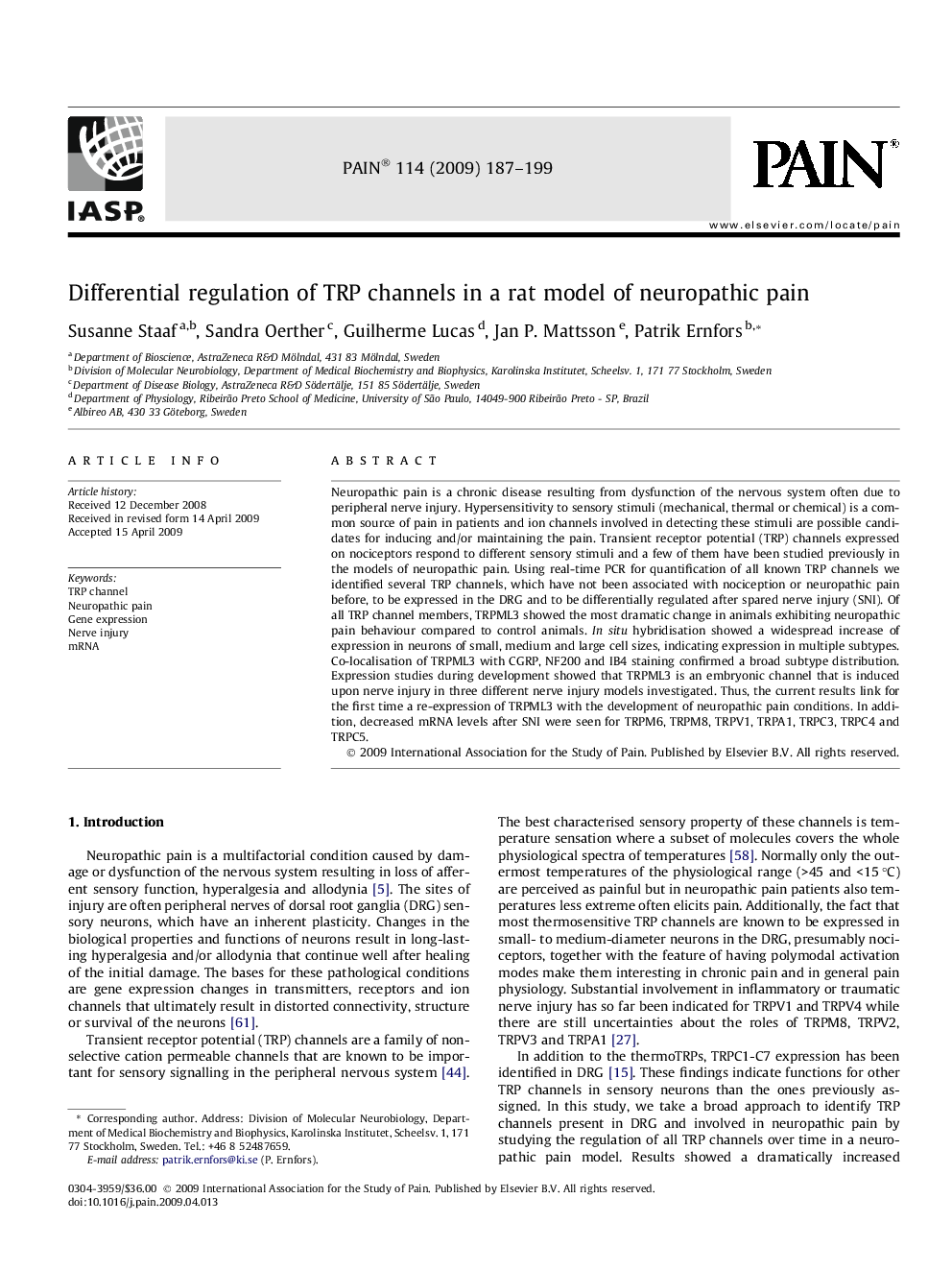 Differential regulation of TRP channels in a rat model of neuropathic pain