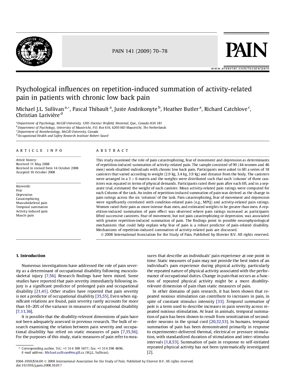 Psychological influences on repetition-induced summation of activity-related pain in patients with chronic low back pain