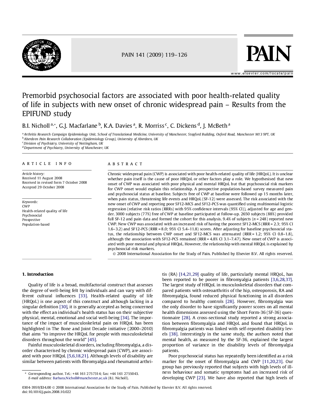 Premorbid psychosocial factors are associated with poor health-related quality of life in subjects with new onset of chronic widespread pain - Results from the EPIFUND study