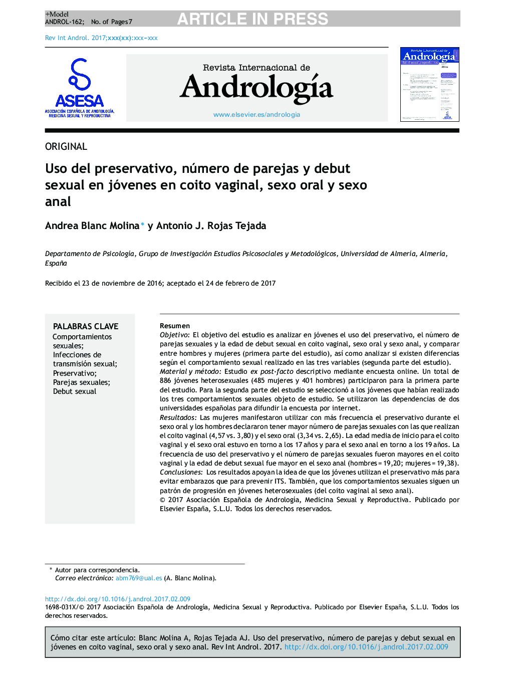 Uso del preservativo, número de parejas y debut sexual en jóvenes en coito vaginal, sexo oral y sexo anal