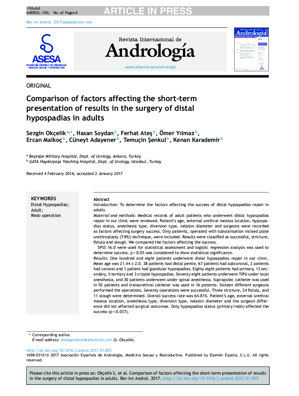 Comparison of factors affecting the short-term presentation of results in the surgery of distal hypospadias in adults