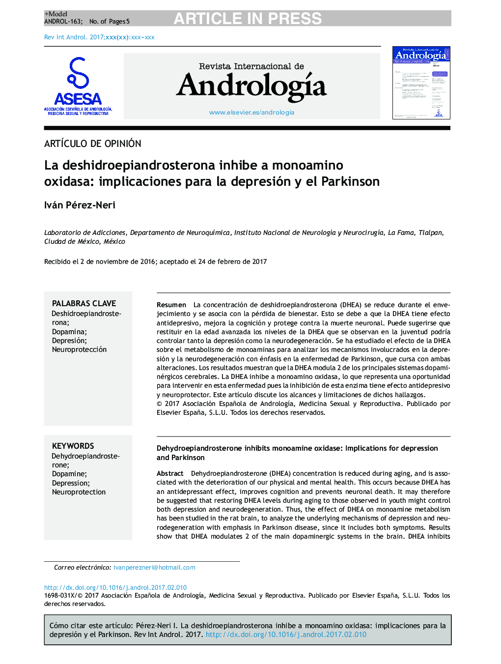 La deshidroepiandrosterona inhibe a monoamino oxidasa: implicaciones para la depresión y el Parkinson