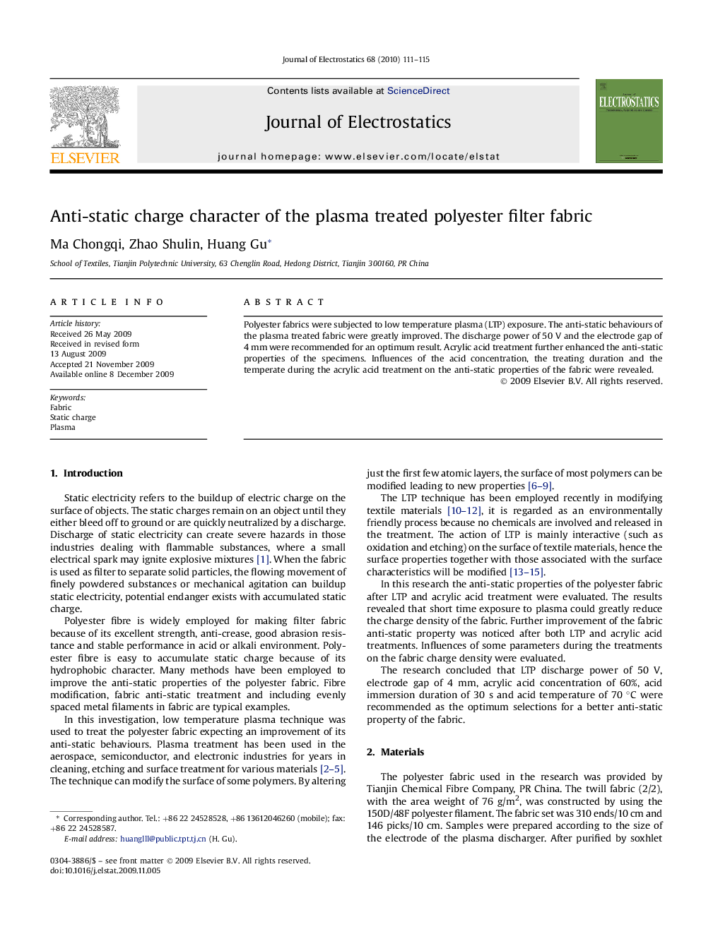 Anti-static charge character of the plasma treated polyester filter fabric