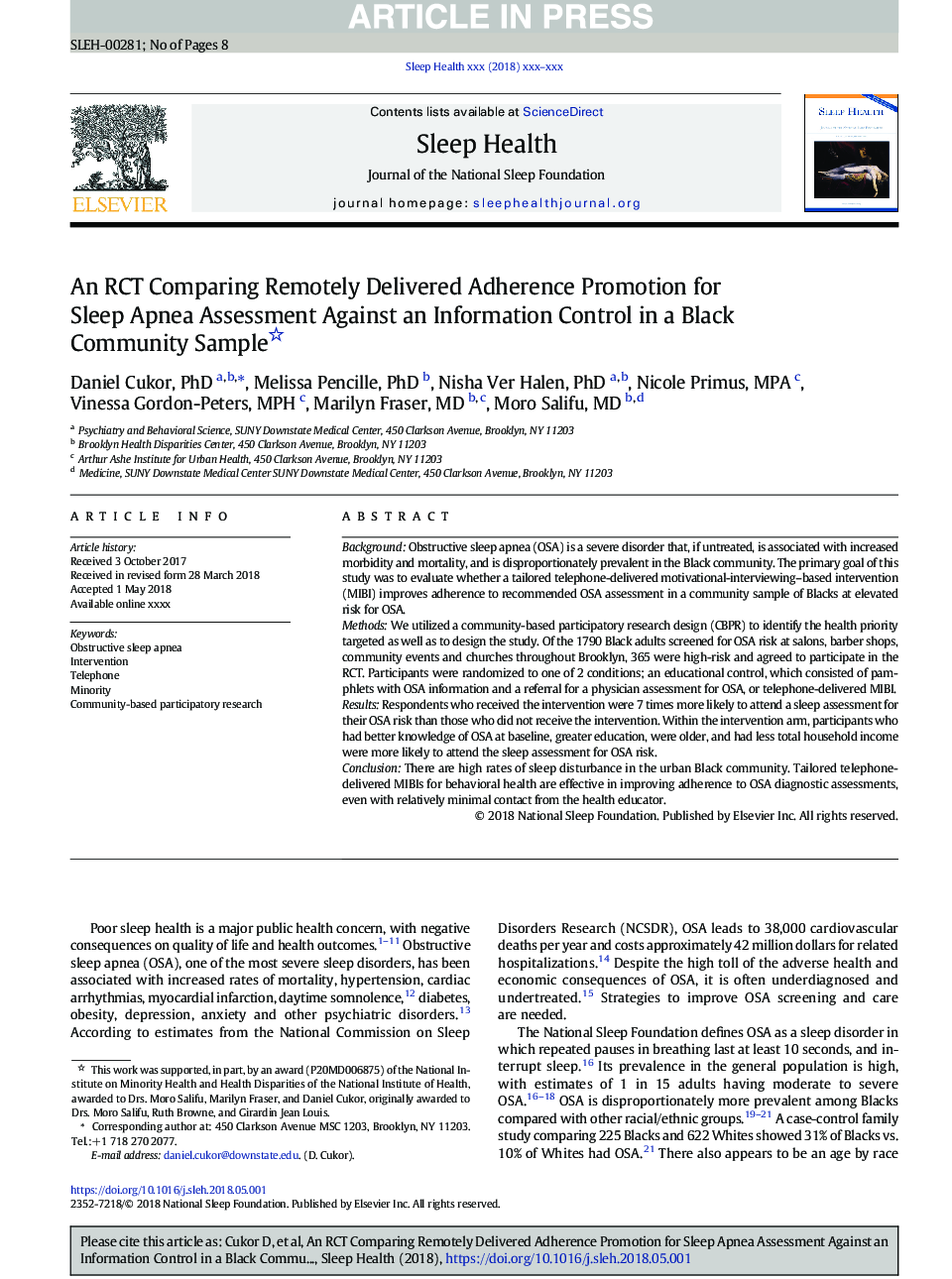 An RCT comparing remotely delivered adherence promotion for sleep apnea assessment against an information control in a black community sample