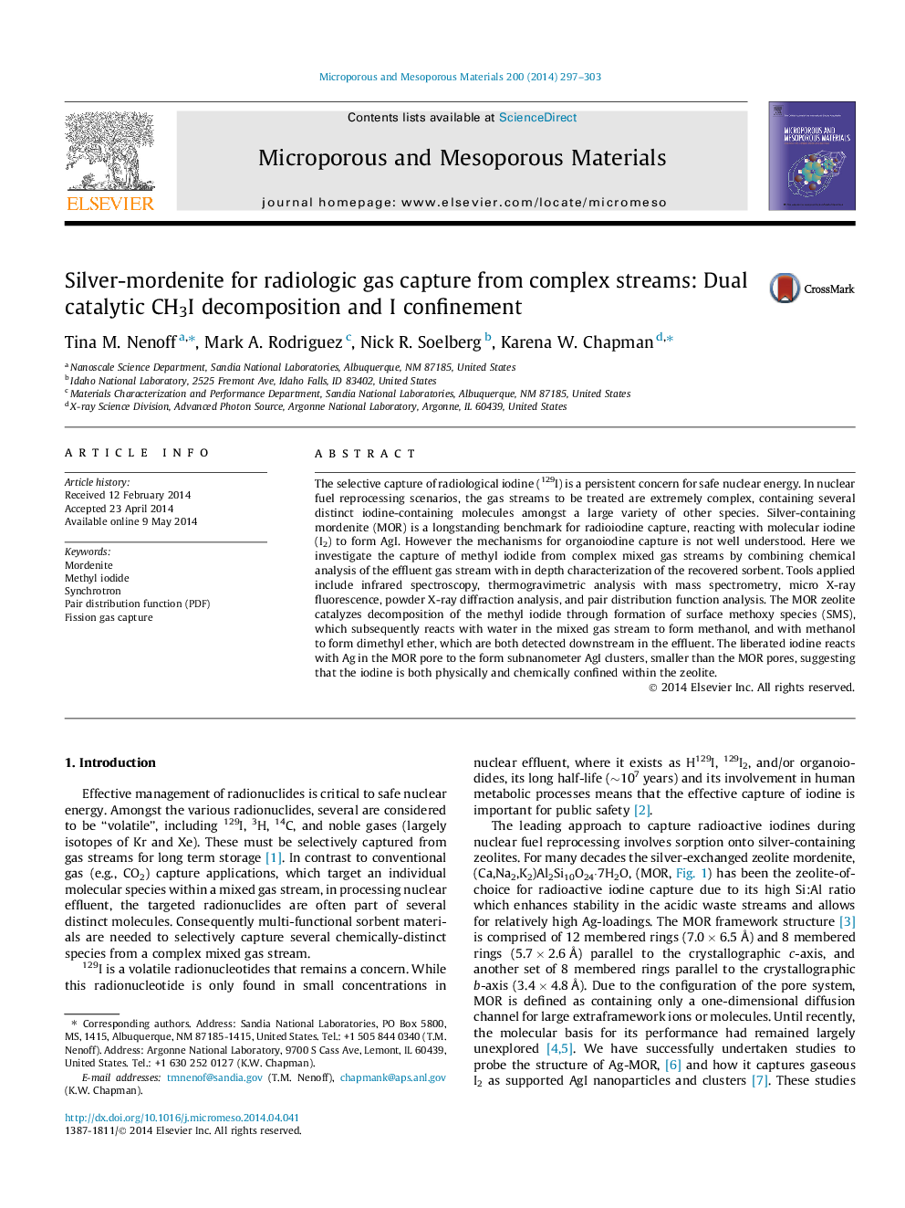 Silver-mordenite for radiologic gas capture from complex streams: Dual catalytic CH3I decomposition and I confinement